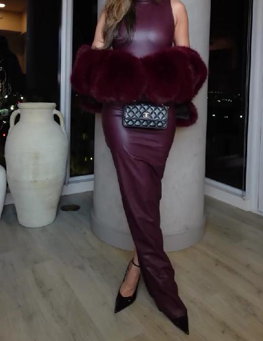 Burgundy leather skirt + shawl fur suit