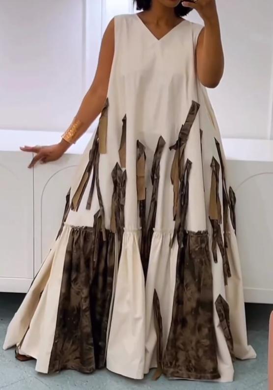 V-neck large hem patchwork strip skirt