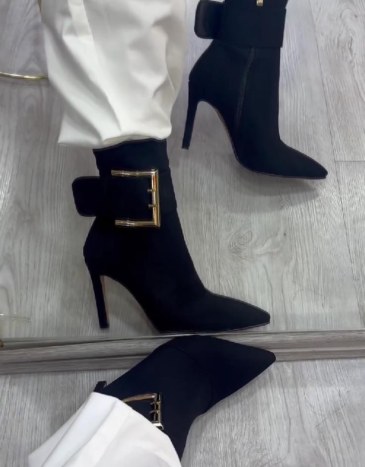 Gold buckle high heel nude boots