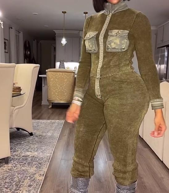 Denim patchwork pocket trousers suit