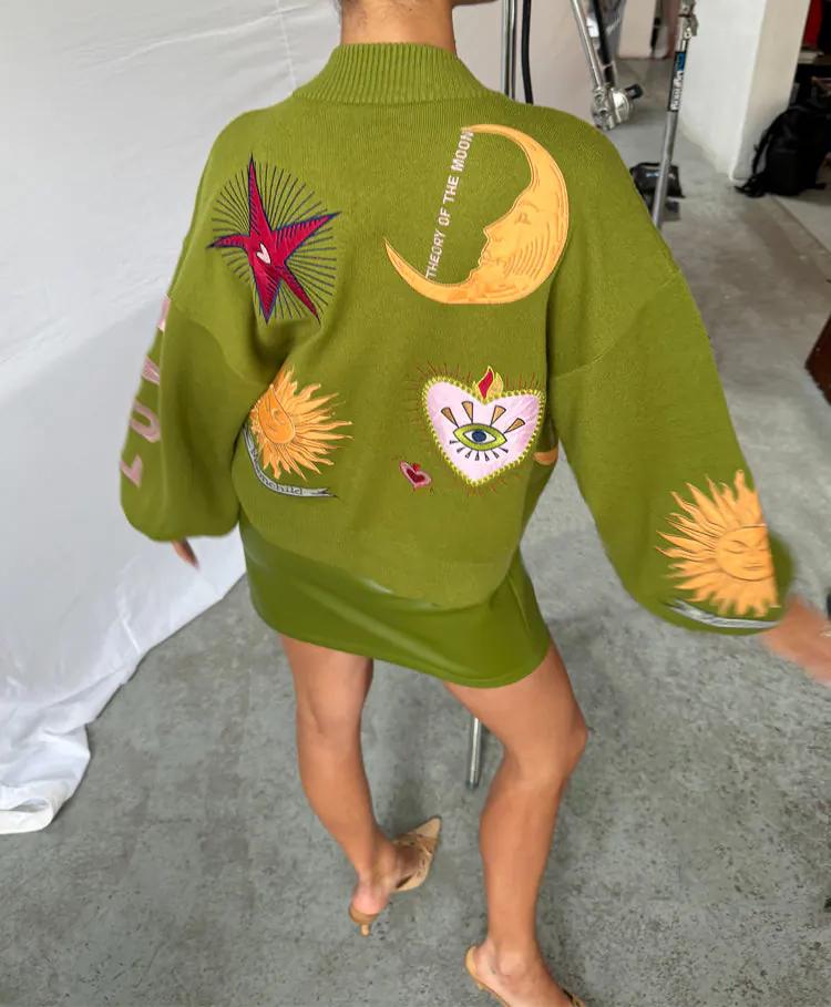 Green embroidered knitted cardigan