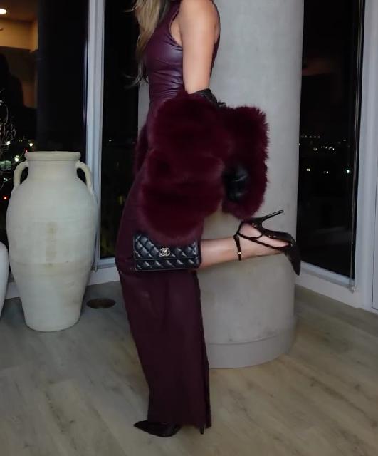 Burgundy leather skirt + shawl fur suit