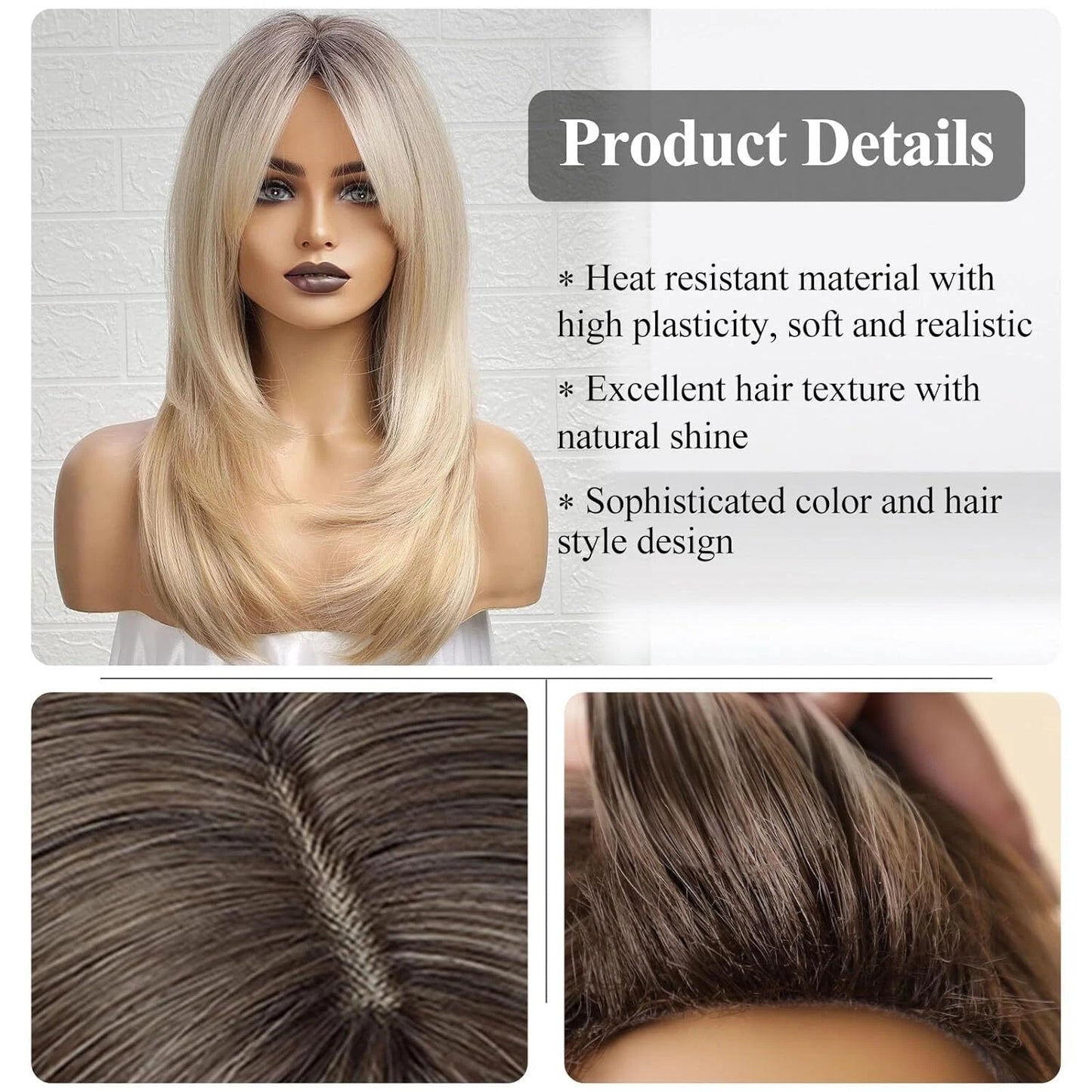 Ombre Blonde Wigs with Bangs,Shoulder Length Ash Blonde Wig for Women Dark Roots