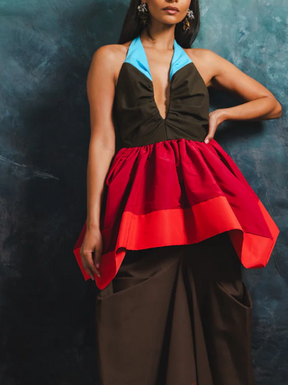 Contrast V-Neck Ruffled Neck Top