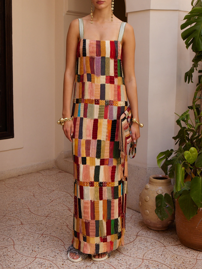 Artistic Multicolored Fringe Maxi Dress