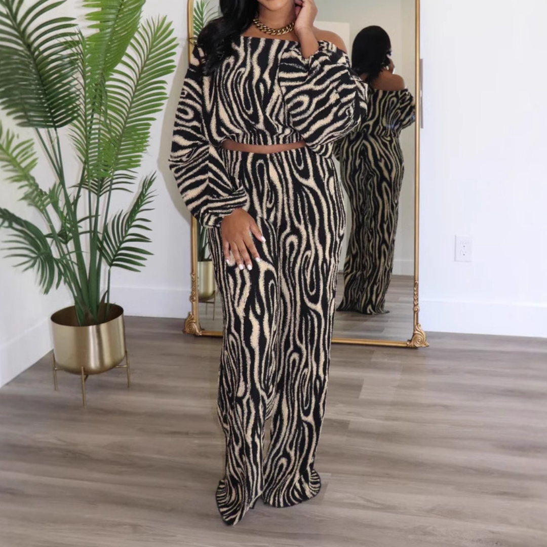 Off-shoulder printed two-piece suit
