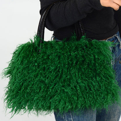 Imitation Wool Tote Bag With Genuine Leather Handles Handbag