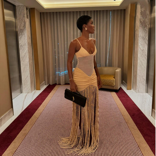 Sling mesh midriff-baring pleated butt-hugging fringed dress