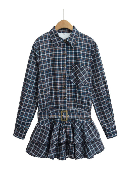 Plaid Shirt Layered Long Sleeve Belted Dress