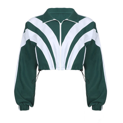 Spliced contrast color zipper long-sleeved short jacket + high waist straight trousers set