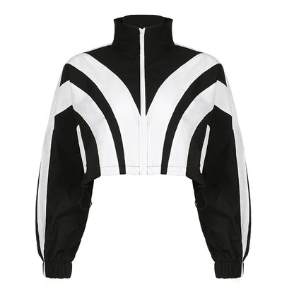 Spliced contrast color zipper long-sleeved short jacket + high waist straight trousers set