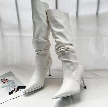 Pointed toe pleated high boots