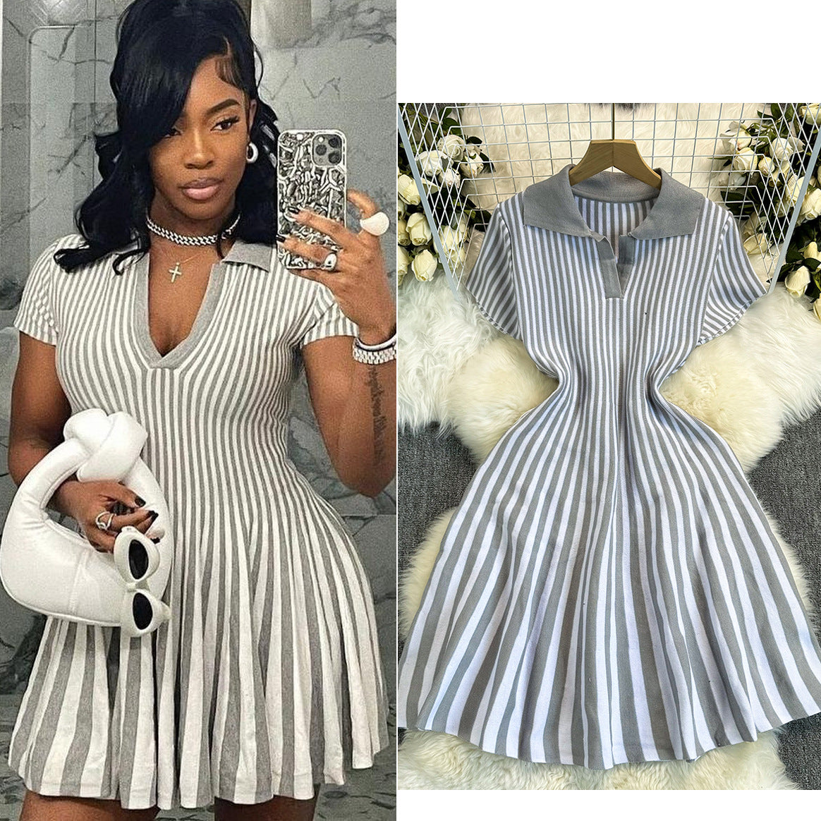 Ruffled knit fit and flare mini dress