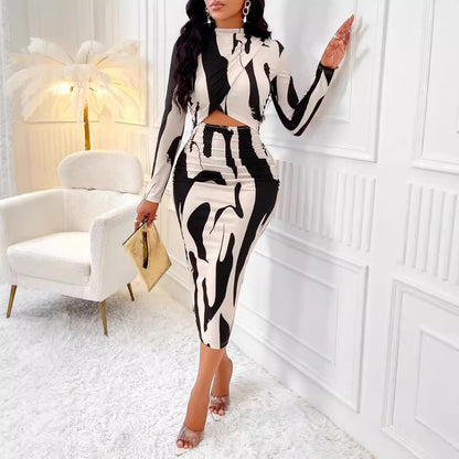 Printed long-sleeved hip dress