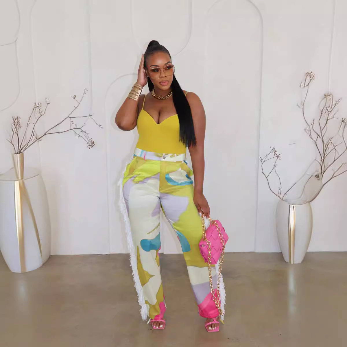 Colorblock Printed Tassel Wide-Leg Lounge Pants