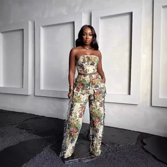 Lace-up Bustier Tassel Trousers Jacquard Suit