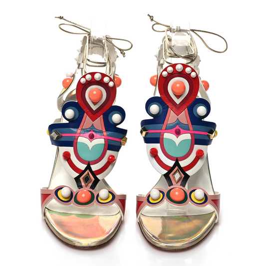 Multi-colored abstract design with cross-over ankle strap heels
