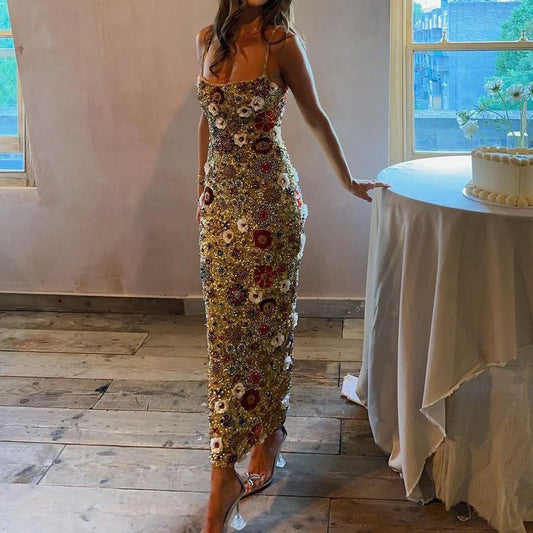 Heavily beaded suspender dress