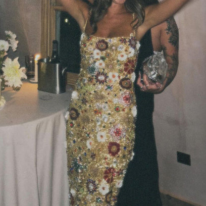 Heavily beaded suspender dress