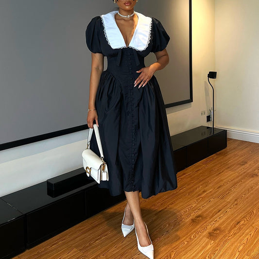 French Puff Sleeve Waisted Midi Dress