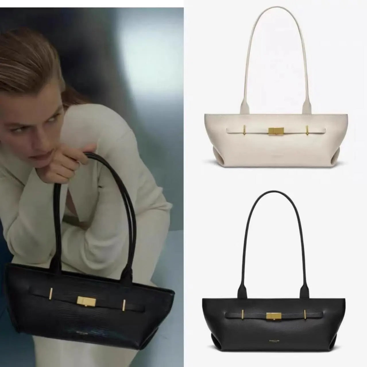 Genuine leather baguette shoulder bag