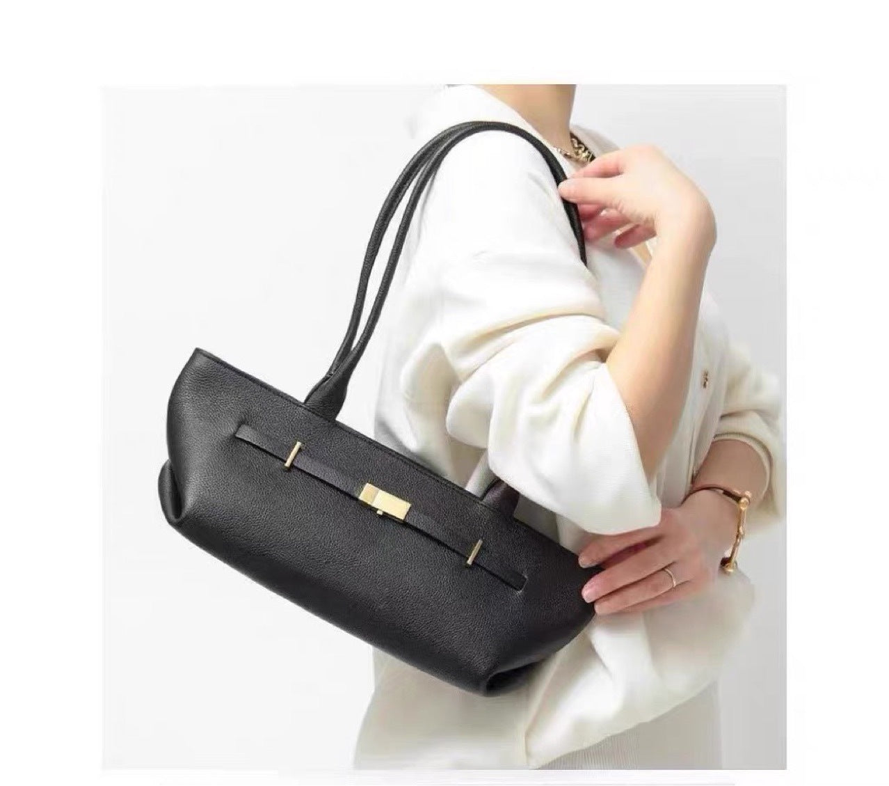 Genuine leather baguette shoulder bag