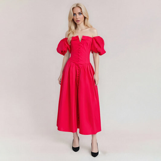 Square Neck Puff Sleeve Herringbone Pleated Dress