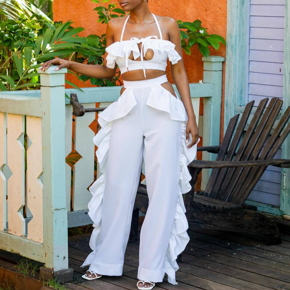 Ruffle High Waist Wide Leg Bikini Set