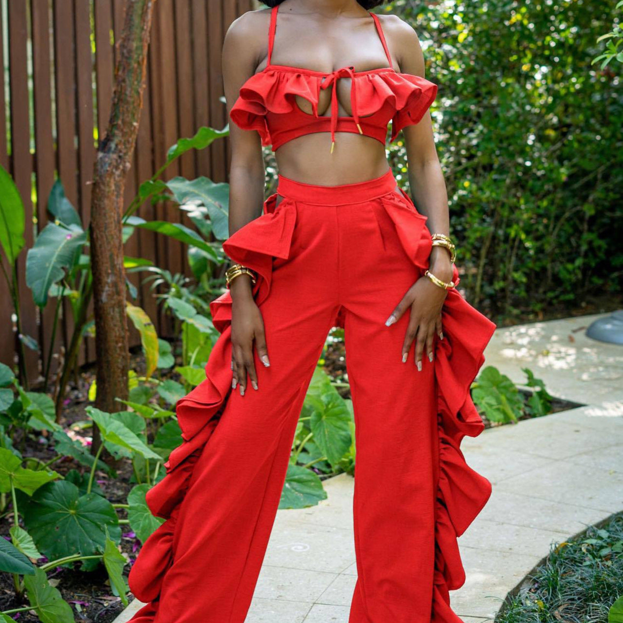 Ruffle High Waist Wide Leg Bikini Set
