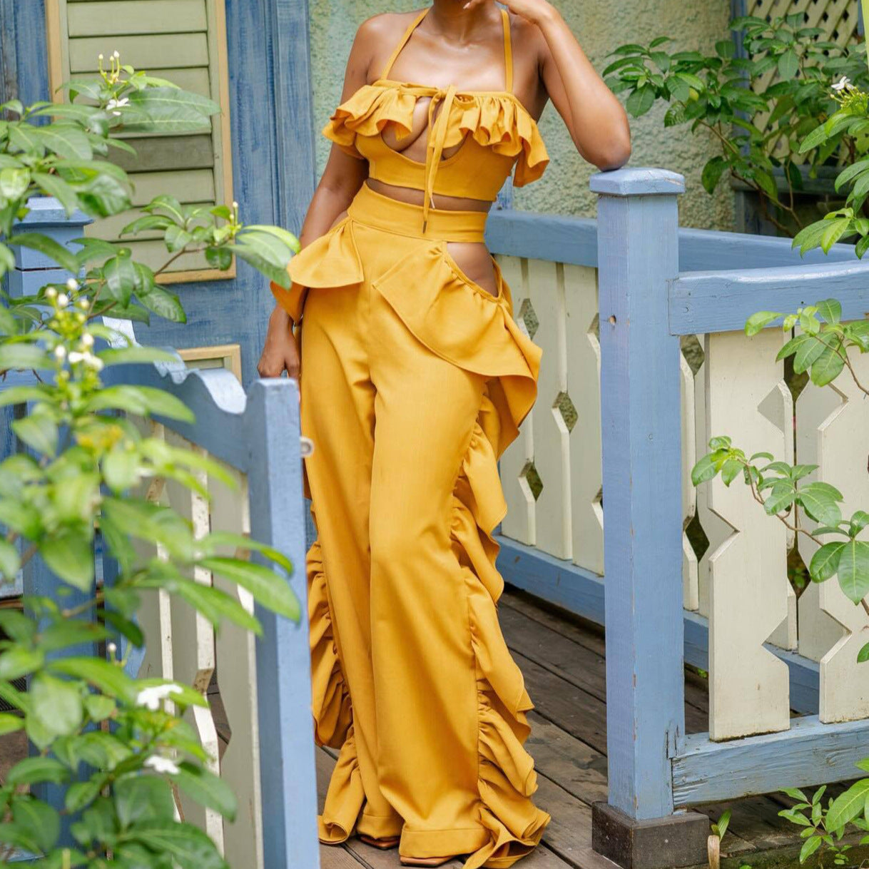 Ruffle High Waist Wide Leg Bikini Set