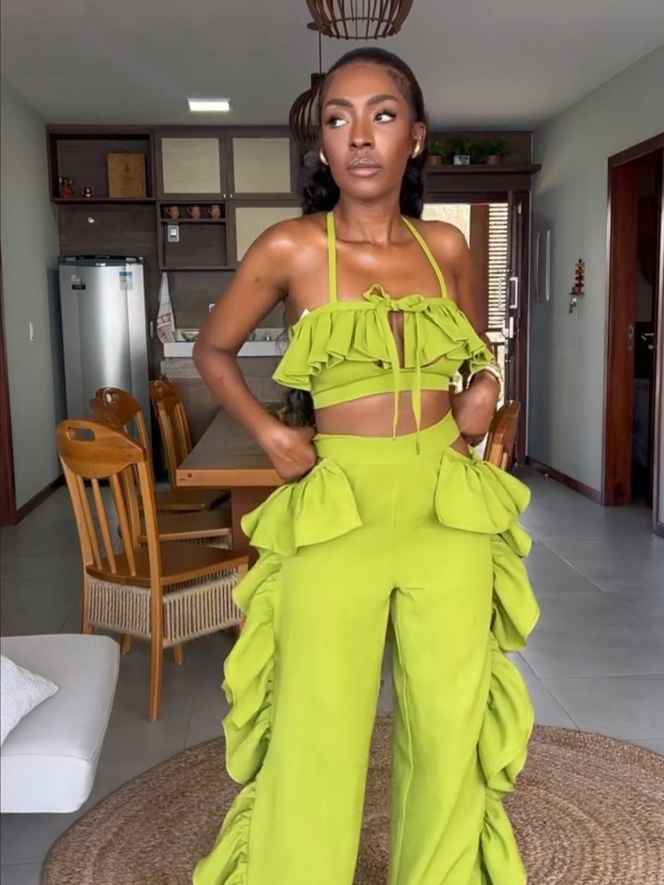 Ruffle High Waist Wide Leg Bikini Set