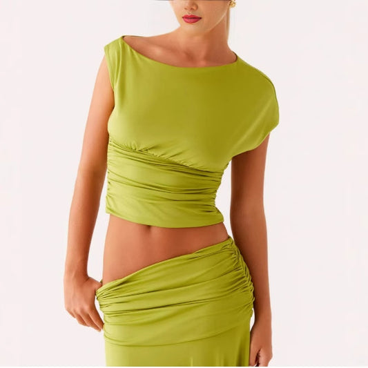 Two-piece short navel-baring pleated slim-fit hip skirt suit
