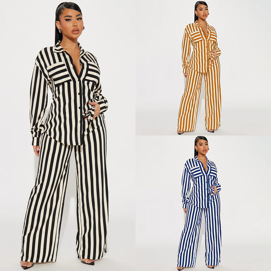 Striped button-down shirt and trousers set