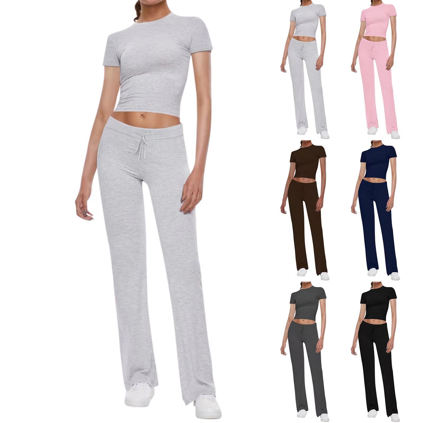 Basic casual solid color T-shirt + casual pants cuffed waist short-sleeved hot girl sports suit