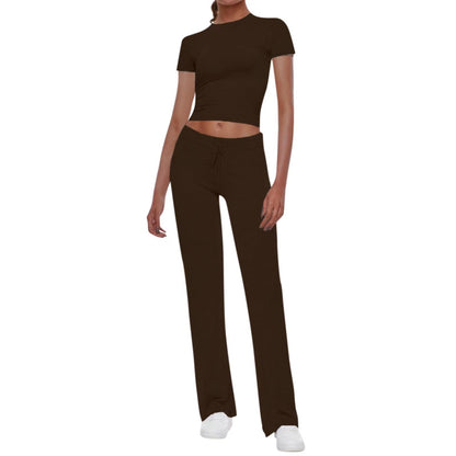 Basic casual solid color T-shirt + casual pants cuffed waist short-sleeved hot girl sports suit