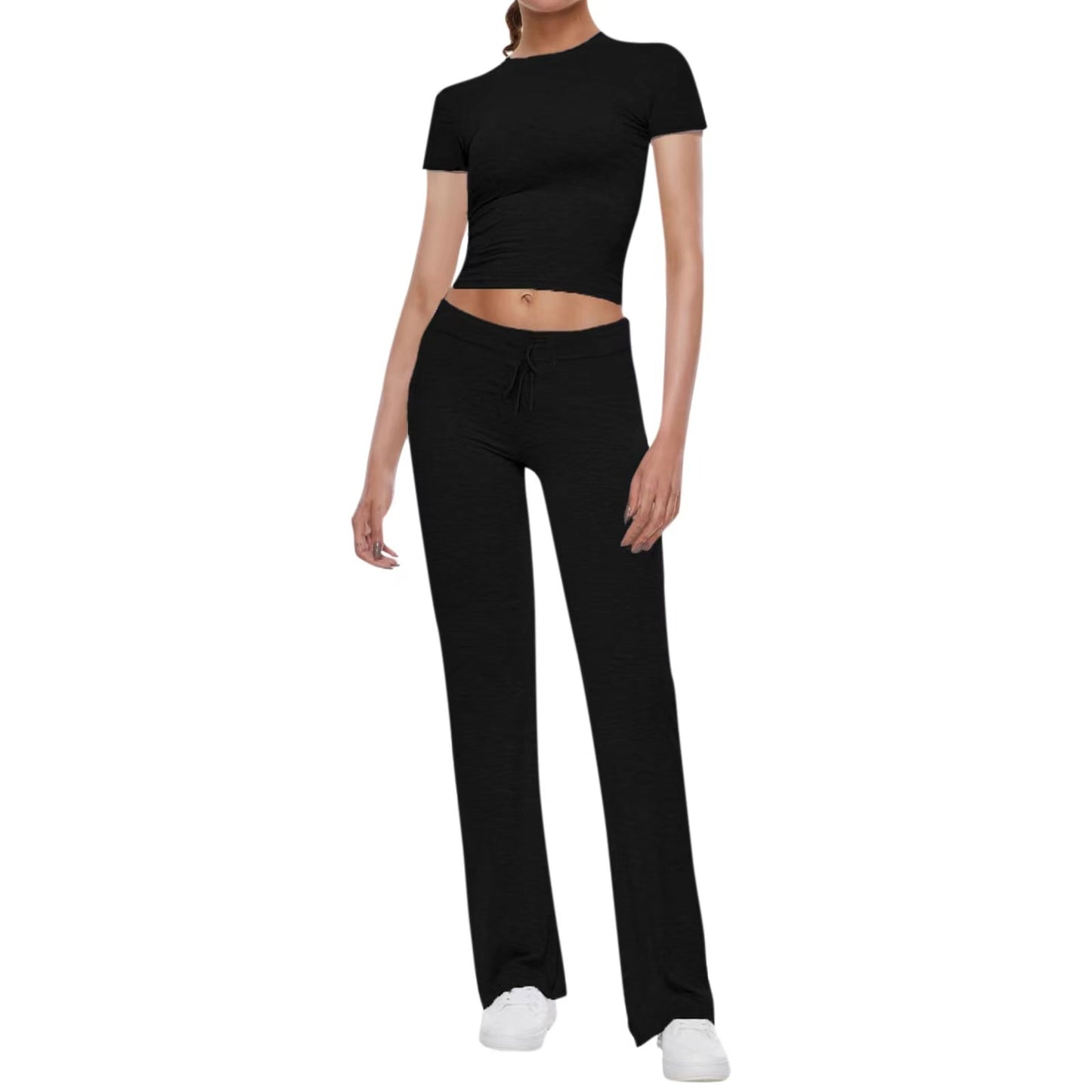 Basic casual solid color T-shirt + casual pants cuffed waist short-sleeved hot girl sports suit