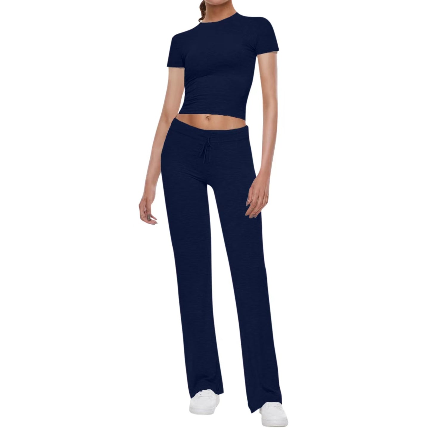 Basic casual solid color T-shirt + casual pants cuffed waist short-sleeved hot girl sports suit