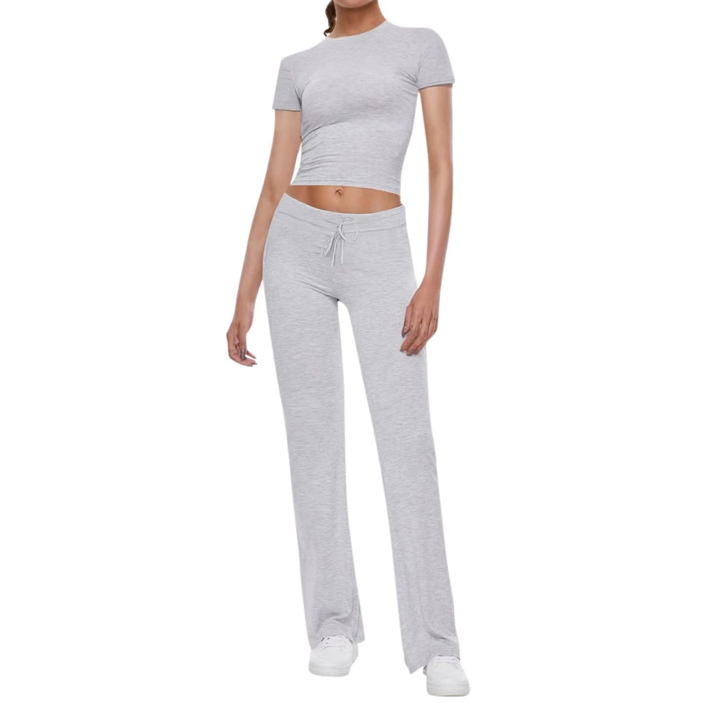 Basic casual solid color T-shirt + casual pants cuffed waist short-sleeved hot girl sports suit