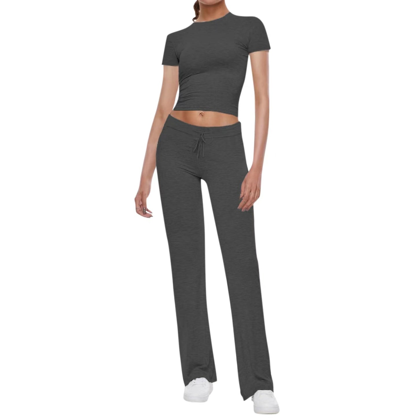 Basic casual solid color T-shirt + casual pants cuffed waist short-sleeved hot girl sports suit