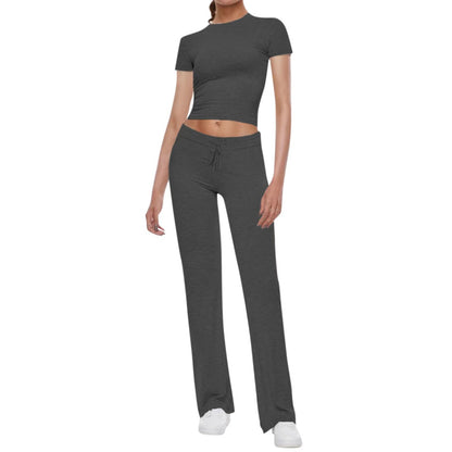 Basic casual solid color T-shirt + casual pants cuffed waist short-sleeved hot girl sports suit