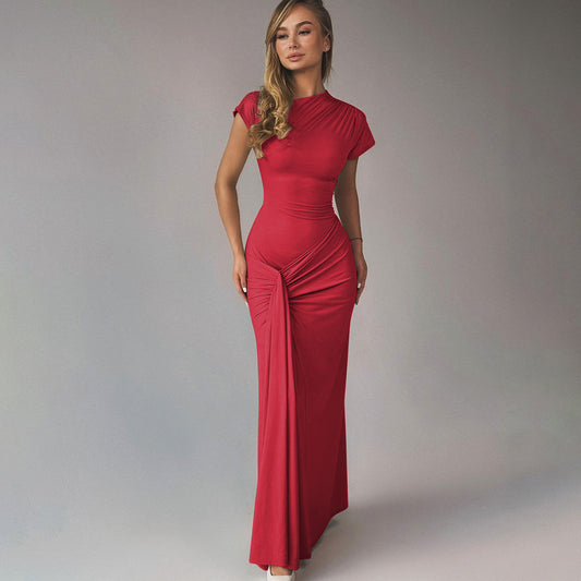 Solid color pleated tie design tight waist hip short sleeve dress
