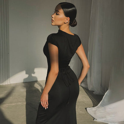 Solid color pleated tie design tight waist hip short sleeve dress