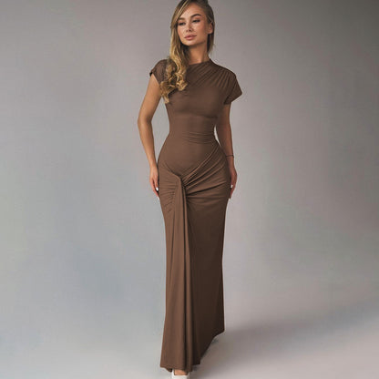 Solid color pleated tie design tight waist hip short sleeve dress
