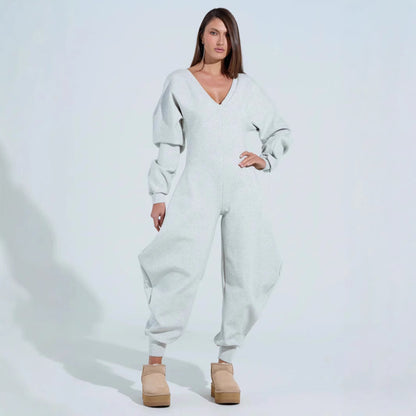 flared jumpsuit with tight v-neck