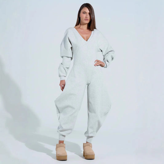 flared jumpsuit with tight v-neck