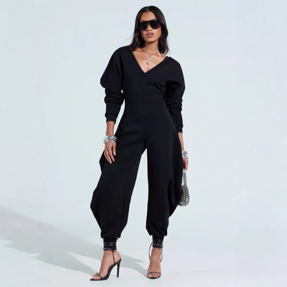 flared jumpsuit with tight v-neck