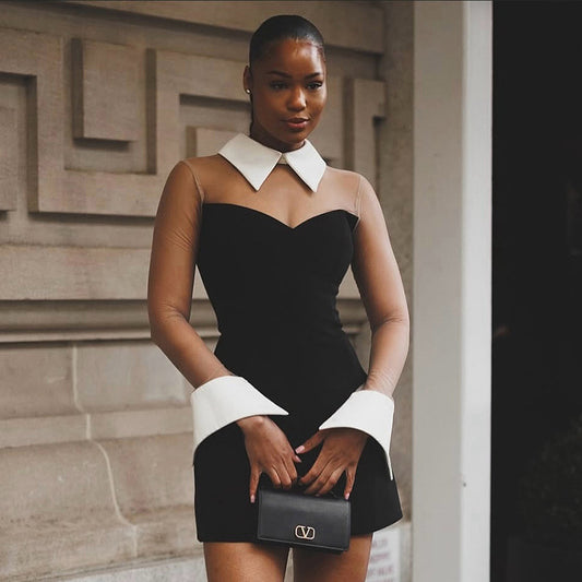 Mesh splicing lapel slim hip dress