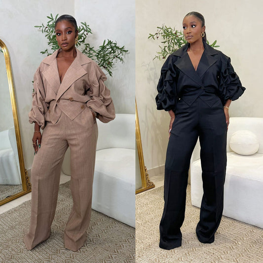 Large lapel and pleated sleeves two-piece suit