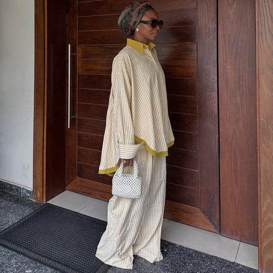 Spacious striped color-block shirt and wide-leg pants suit