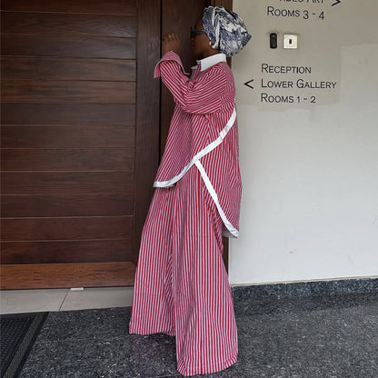 Spacious striped color-block shirt and wide-leg pants suit